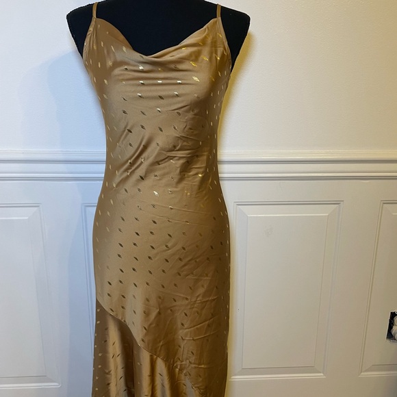 NWT Bonheur D’Amour Cowl Neck Mermaid Slip Dress Maxi Bias Cut Sz S Gold - Picture 6 of 13